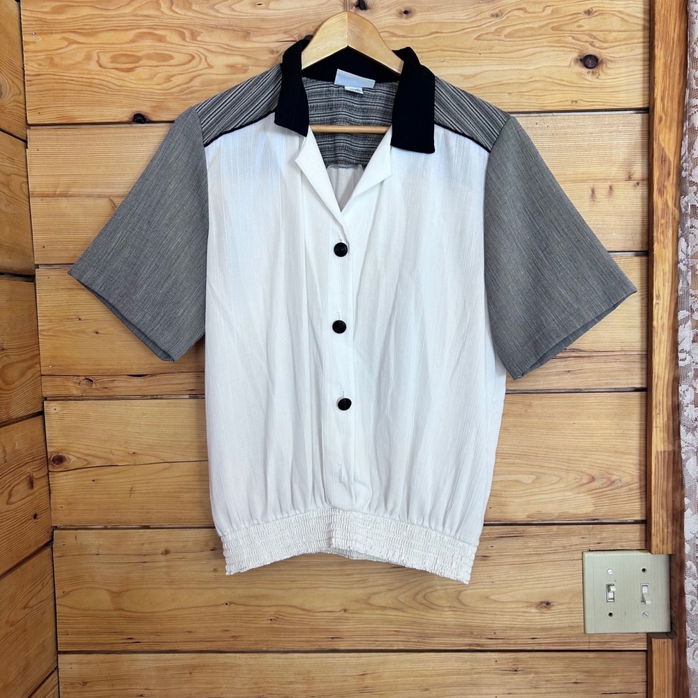 Vintage Colorblock Striped Shirt Womens Size 10 Black White Gray Alfred Dunner